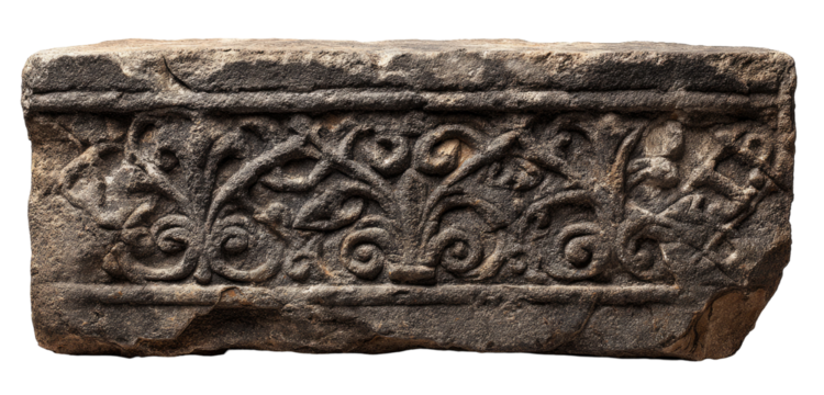 Ornate stone carving, likely a lintel or architectural element.  Intricate relief design of scrolling, floral, and vegetal patterns carved into a rectangular stone slab
