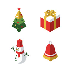 Isometric Christmas Icons Set Featuring Tree Gift Snowman and Bell.