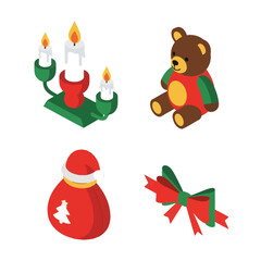 Naklejka premium Isometric Christmas Decorations Set with Candles, Teddy Bear, Santa Bag, and Ribbon.