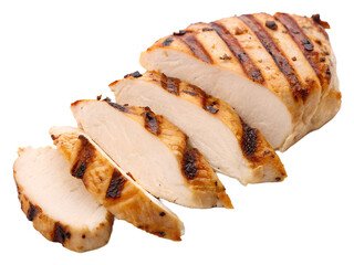 Sliced grilled chicken pieces with charred edges, isolated on white transparent background