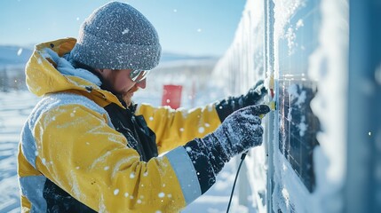Snowy maintenance worker fixes equipment in arctic conditions winter landscape action shot outdoor close-up perspective resilience
