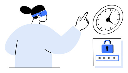 Woman using VR headset interacting with a clock and password protection screen. Ideal for technology, cyber security, time management, innovation, virtual reality, online safety, digital tools. A