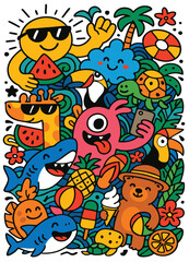 Summer cartoon animal fruit tropical happy colorful illustration fun beach