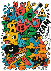 Obraz premium Colorful cartoon animals, guitar, keyboard, and playful doodles with words art, dream, music