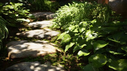 Sunlit stepping stones lead through a lush garden with vibrant foliage.