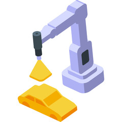 Isometric Robot Arm Assembling a Yellow Car on a Transparent Background Vector Illustration Flat Design