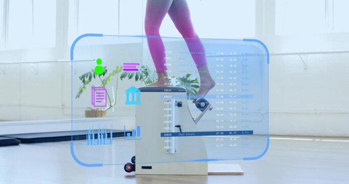 Fitness HUD overlay guiding instructor shifting weight on stepper while monitoring stats