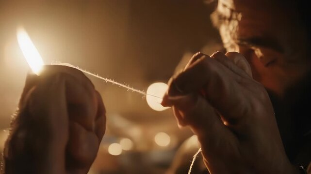 Hands threading needle with thread; candlelit, warm tones, focus on the hand