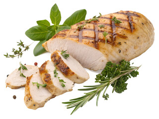 Boneless grilled chicken fillet with herbs, transparent background