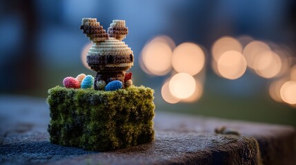 Small pixelated bunny sits on mossy block with colorful eggs.