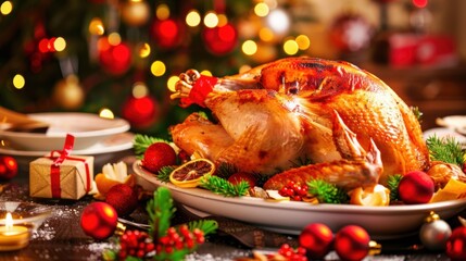 Christmas Dinner Turkey: The Iconic Centerpiece of Festive Holiday Meals – Showcasing Juicy, Herb-Roasted Perfection, Garnished with Cranberries, Rosemary, and Gravy, Ideal for Family Gatherings, Holi
