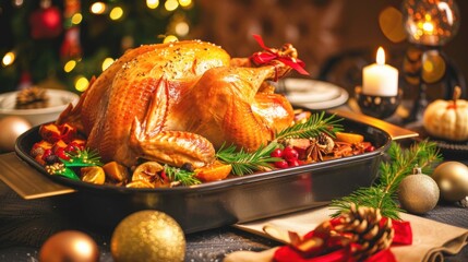 Christmas Dinner Turkey: The Iconic Centerpiece of Festive Holiday Meals – Showcasing Juicy, Herb-Roasted Perfection, Garnished with Cranberries, Rosemary, and Gravy, Ideal for Family Gatherings, Holi