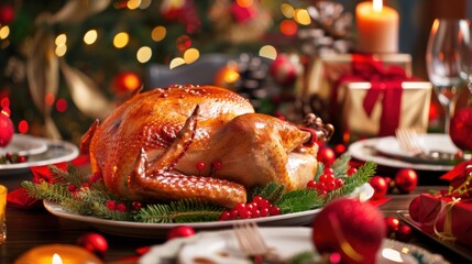Christmas Dinner Turkey: The Iconic Centerpiece of Festive Holiday Meals – Showcasing Juicy, Herb-Roasted Perfection, Garnished with Cranberries, Rosemary, and Gravy, Ideal for Family Gatherings, Holi