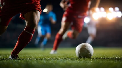 Exciting soccer match under bright stadium lights at night with players racing for the ball