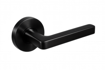 Black modern metal door handle isolated, showing sleek design and security. Transparent background