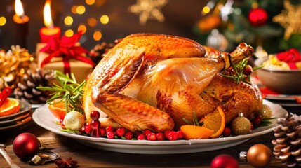 Christmas Dinner Turkey: The Iconic Centerpiece of Festive Holiday Meals – Showcasing Juicy, Herb-Roasted Perfection, Garnished with Cranberries, Rosemary, and Gravy, Ideal for Family Gatherings, Holi