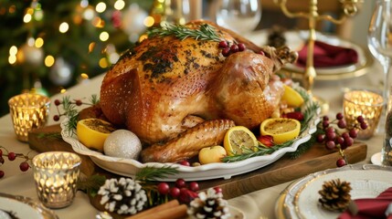 Christmas Dinner Turkey: The Iconic Centerpiece of Festive Holiday Meals – Showcasing Juicy, Herb-Roasted Perfection, Garnished with Cranberries, Rosemary, and Gravy, Ideal for Family Gatherings, Holi