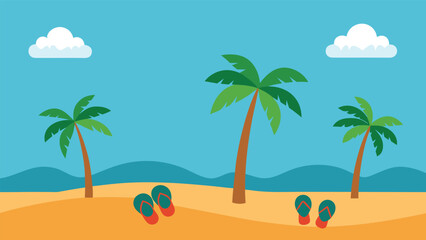 Obraz premium Vector art of tropical beach scene with palm trees, clouds, and flip flops scattered on the sand, creating a serene and relaxing atmosphere
