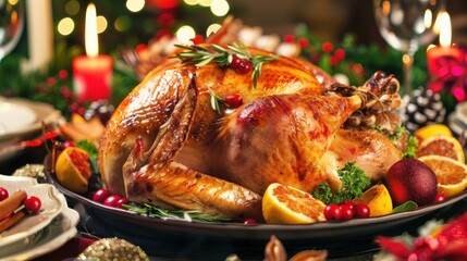 Christmas Dinner Turkey: The Iconic Centerpiece of Festive Holiday Meals – Showcasing Juicy, Herb-Roasted Perfection, Garnished with Cranberries, Rosemary, and Gravy, Ideal for Family Gatherings, Holi