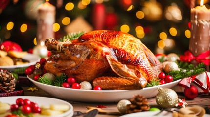 Christmas Dinner Turkey: The Iconic Centerpiece of Festive Holiday Meals – Showcasing Juicy, Herb-Roasted Perfection, Garnished with Cranberries, Rosemary, and Gravy, Ideal for Family Gatherings, Holi