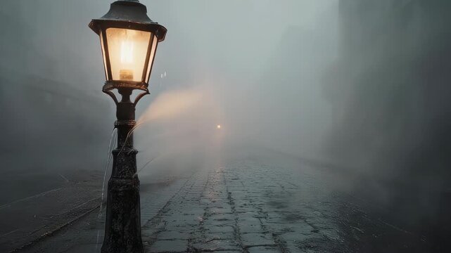 A lit ornate lamp post illuminates a cobblestone street in dense fog