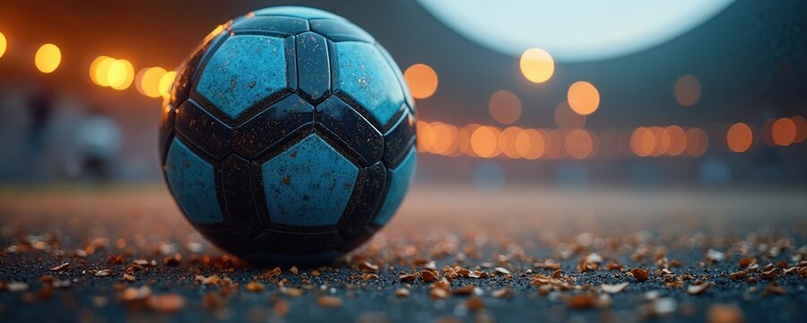 Close-up of dirty blue soccer ball on stadium ground with blurred background lights. Ball black panels, visible dirt. Ground small debris. Image for sport, football, analysis, tactic, strategy