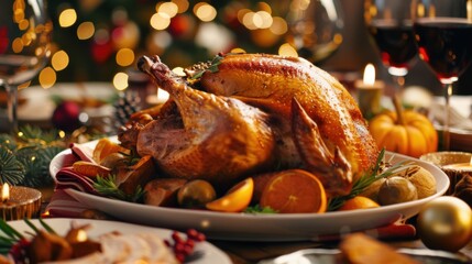 Christmas Dinner Turkey: The Iconic Centerpiece of Festive Holiday Meals – Showcasing Juicy, Herb-Roasted Perfection, Garnished with Cranberries, Rosemary, and Gravy, Ideal for Family Gatherings, Holi