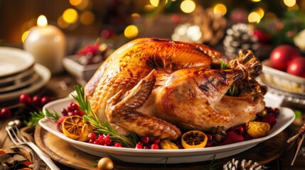 Christmas Dinner Turkey: The Iconic Centerpiece of Festive Holiday Meals – Showcasing Juicy, Herb-Roasted Perfection, Garnished with Cranberries, Rosemary, and Gravy, Ideal for Family Gatherings, Holi