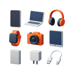 Collection of 3d rendered modern gadgets and accessories isolated on transparent background