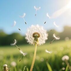 Ethereal dandelion seeds taking flight on a gentle breeze in a sun-drenched meadow, symbolizing wishes and new beginnings
