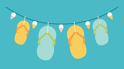 Vector art of a string of flip flops and ice cream cone lights hanging against a blue background, party decoration