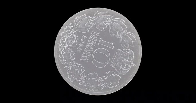 Reverse of Yugoslavia coin 10 dinara 1938, isolated in black background. Loopable animation in 4k resolution video
