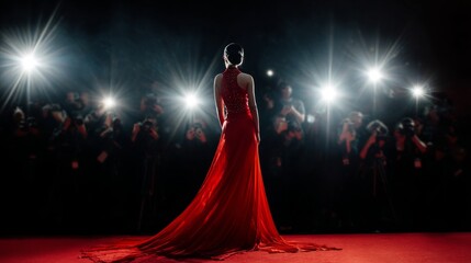 Elegant woman in red gown poses for photographers at a glamorous event under bright lights