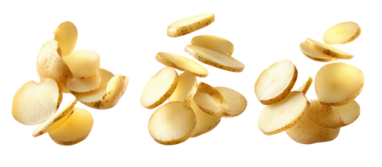 Fresh potatoes whole, half, quarter, eighth, slices, rings in three forms on transparent background