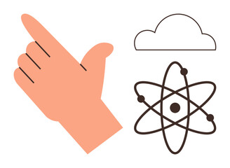 Hand pointing upward, atom structure, and cloud shape symbolize ideas, science, technology, creativity, progress, networking and data conceptualization. Ideal for tech themes and flat metaphor
