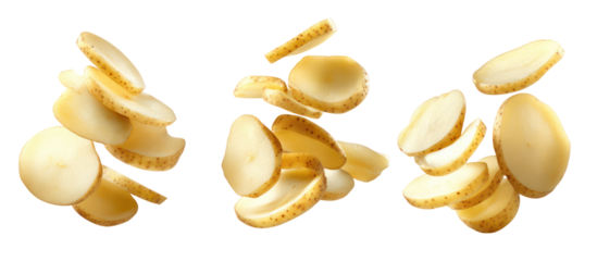 Fresh potatoes whole, half, quarter, eighth, slices, rings in three forms on transparent background