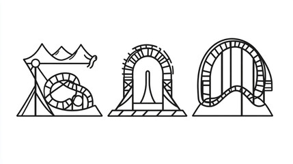 A minimalist line art illustration featuring three distinct roller coaster designs, isolated on white background, showcasing various loop and curve configurations