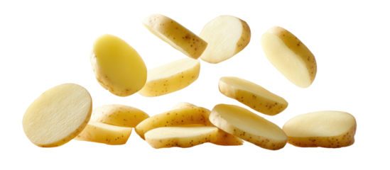 Fresh potatoes whole, half, quarter, eighth, slices, rings in three forms on transparent background