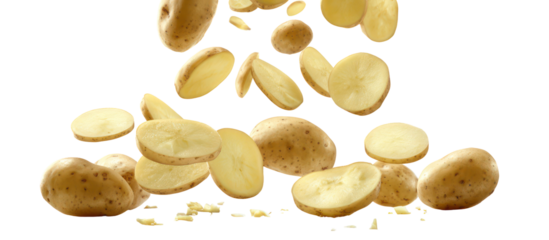 Fresh potatoes whole, half, quarter, eighth, slices, rings in three forms on transparent background