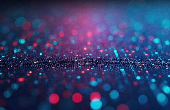 Abstract tech background with glowing blue and red dots. Futuristic digital network data, tech backdrop, bokeh effect. Modern design, vibrant colors, ideal for presentations or websites.
