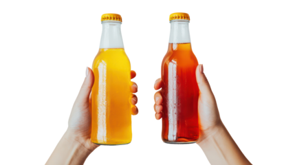 Ginger ale soda two hands holding two glass bottles side by side on transparent background