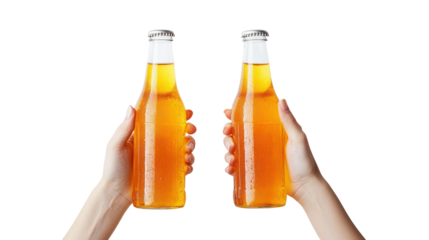 Ginger ale soda two hands holding two glass bottles side by side on transparent background