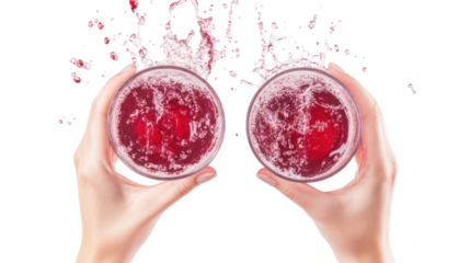 Grape soda two hands holding two clear glasses side by side overhead on transparent background