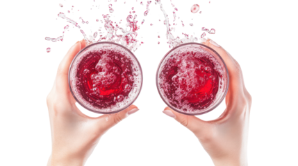 Grape soda two hands holding two clear glasses side by side overhead on transparent background
