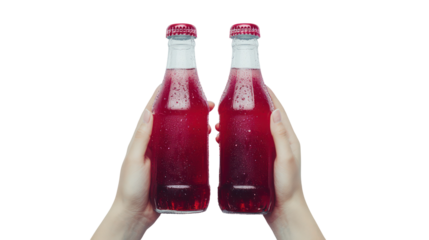 Grape soda two hands holding two glass bottles side by side overhead on transparent background