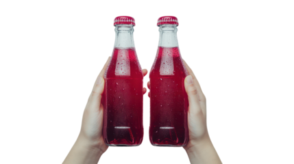 Grape soda two hands holding two glass bottles side by side overhead on transparent background