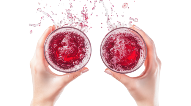 Grape soda two hands holding two clear glasses side by side overhead on transparent background