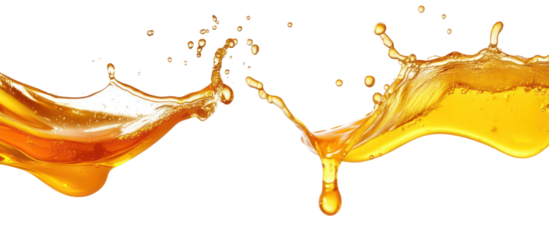 Honey splash and maple syrup splash side by side overhead on transparent background
