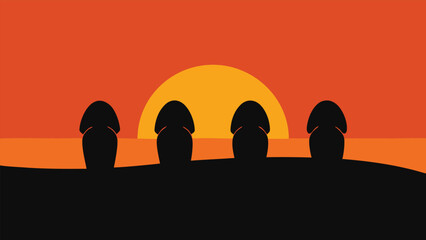 Vector art of moai statues of easter island silhouetted against a vibrant sunset, creating a striking and iconic landscape illustration