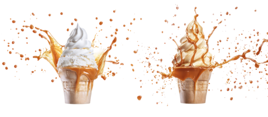 Ice cream splash and caramel sauce splash side by side overhead on transparent background
